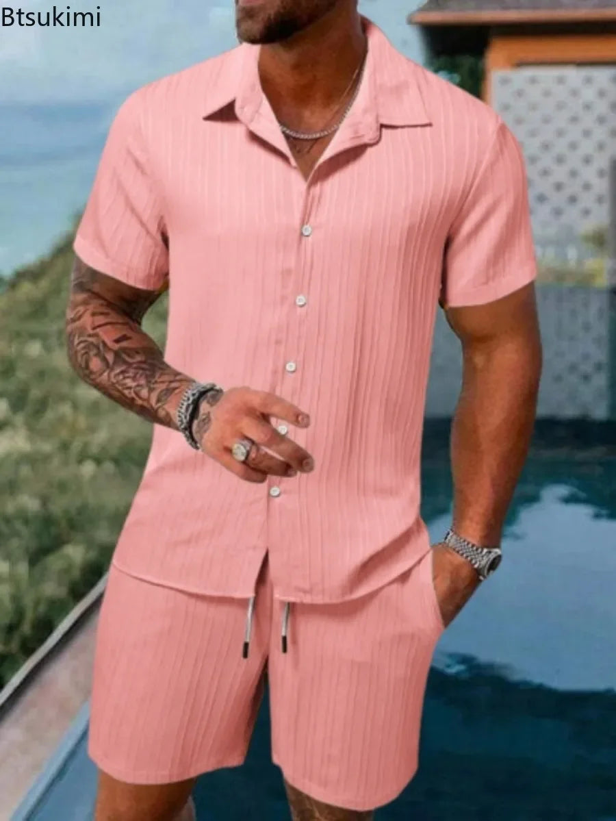 Men's Beach Style Sets 2024 High-Quality Strip Texture Comfotable Casual 2-Piece Man Short Sleeve Shirts+Short Pants Suits Sets