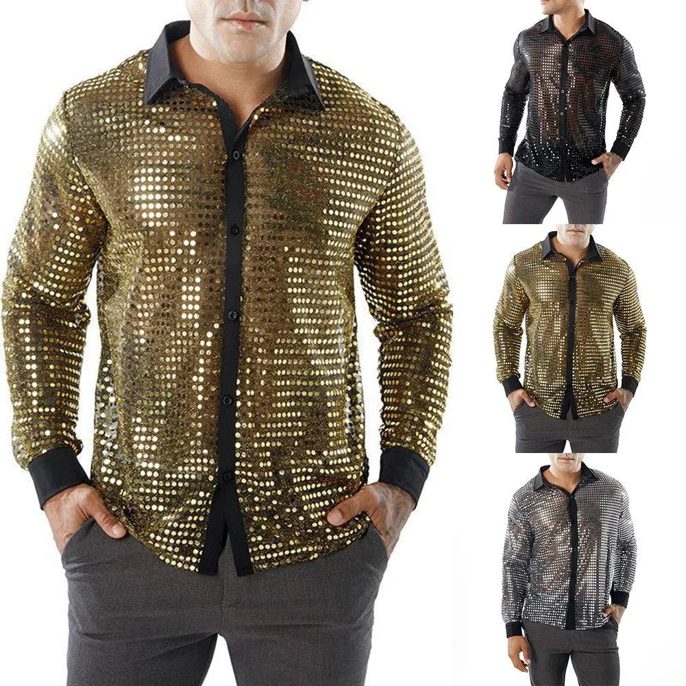 2023 Fashion Mens Sparkly Sequins Party Dance Shirts Retro 70s Disco Nightclub Shirt Tops Single Breasted Performance Clothing