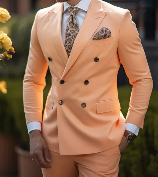 High Quality Brown Men's Suits Double Breasted Bespoke Double Breasted Peaked Lapel Formal Blazer Slim Fit 2 Piece Jacket Pants