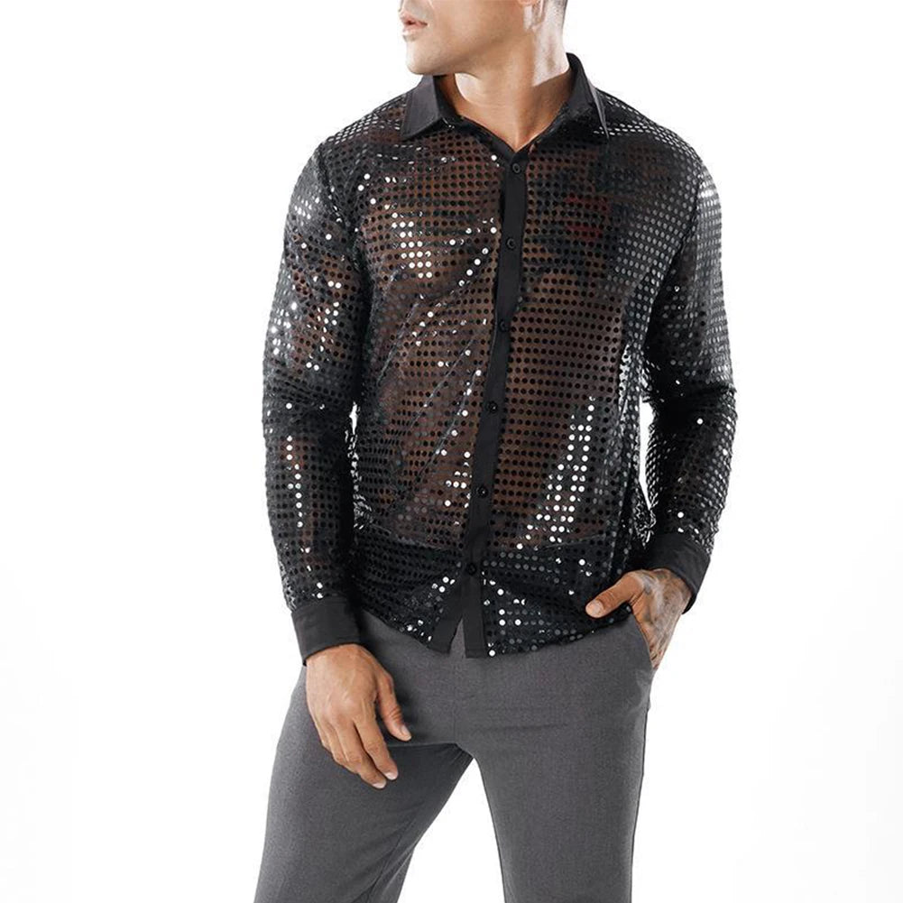 2023 Fashion Mens Sparkly Sequins Party Dance Shirts Retro 70s Disco Nightclub Shirt Tops Single Breasted Performance Clothing