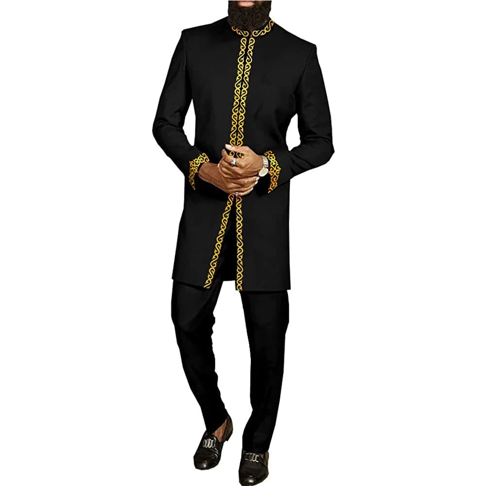 2024New elegant black 2 piece shirt pants suit long sleeve African national style embroidered suit long gown men's clothing