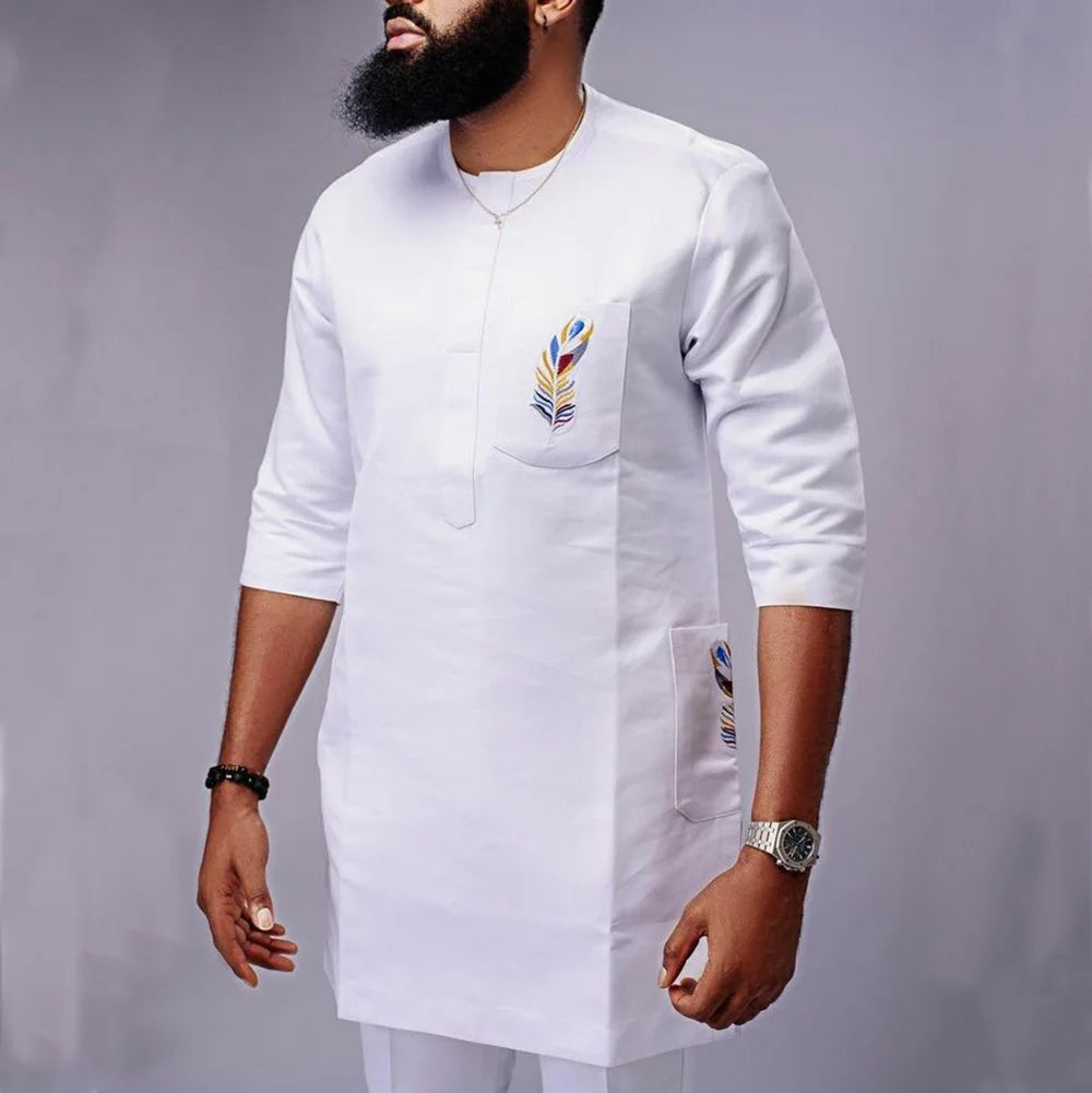 New In African Summer Business Men's Short Sleeve Suit Embroidery Dashiki Shirt Pants Sets 2 Pieces Outfits Wedding Party Boubou