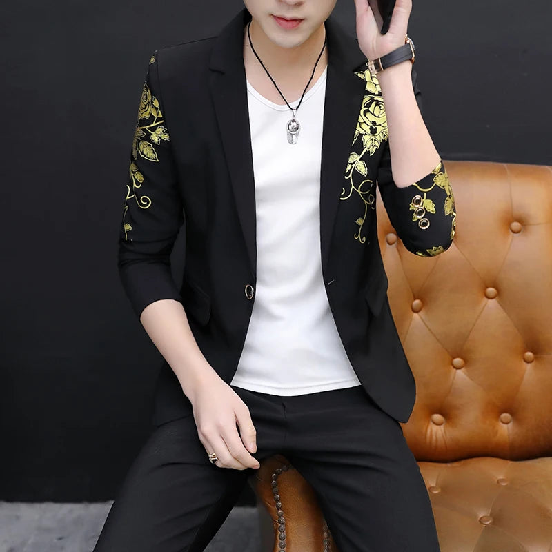 2024 New Men's Yellow Printed Suit Jacket and Trousers Spring Autumn Slim Men 2 Piece White Black Blazer Pants