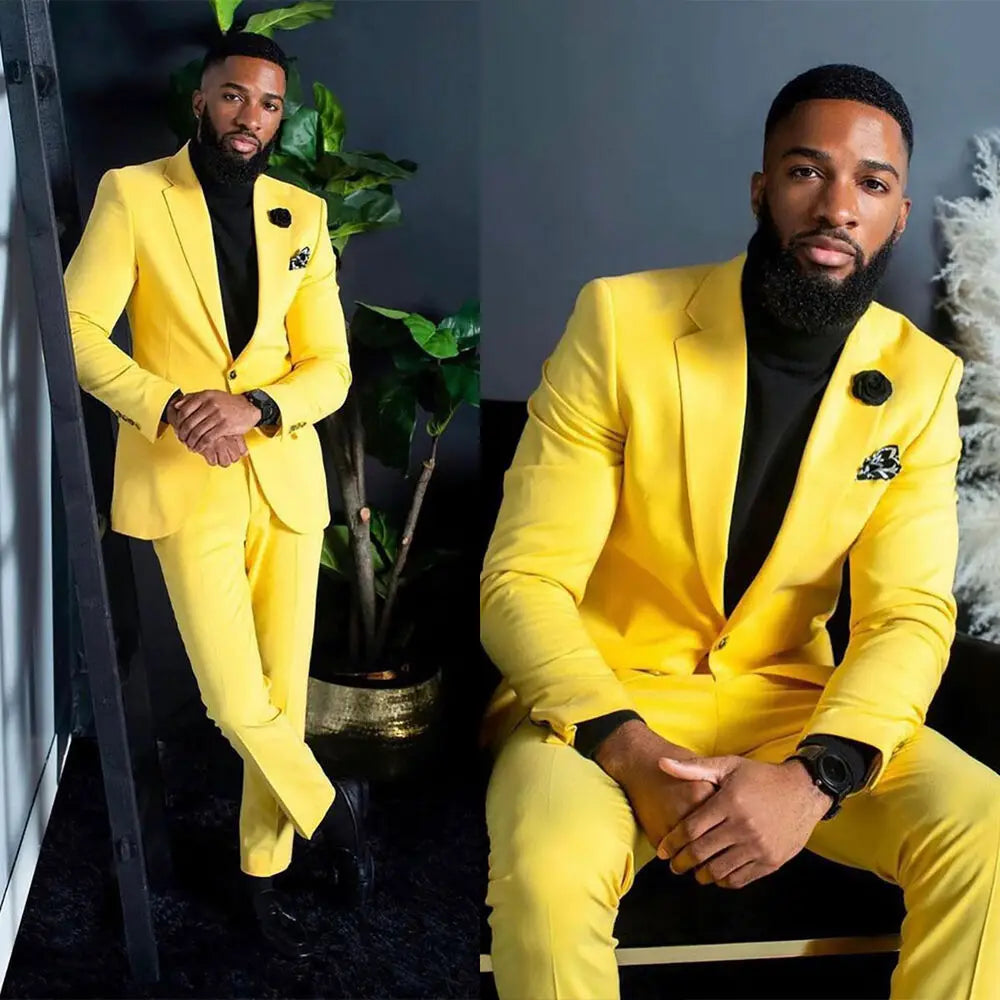 Men's Yellow Suits Slim Fit Single Breasted Wedding Formal Party Wear 2 Pieces  Trajes De Boda Para Hombre Completos