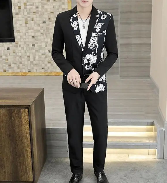 2024 New Men's Yellow Printed Suit Jacket and Trousers Spring Autumn Slim Men 2 Piece White Black Blazer Pants