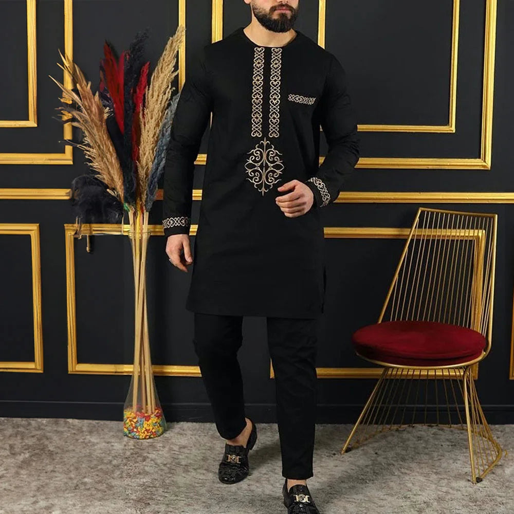 African Traditional Outfit Dashiki Black O-Neck Elegant Suits For Men New 2Pc Luxury Brand Clothing Full Pant Sets Male Clothes