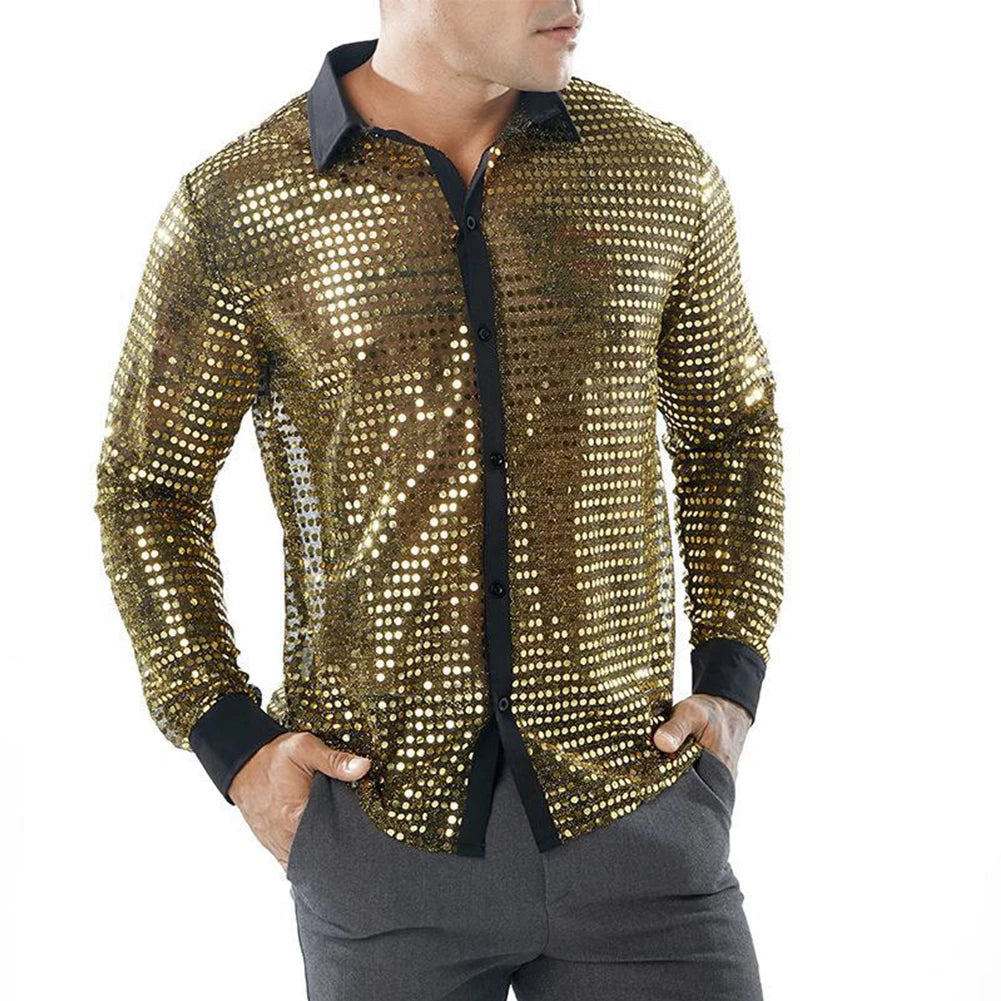 2023 Fashion Mens Sparkly Sequins Party Dance Shirts Retro 70s Disco Nightclub Shirt Tops Single Breasted Performance Clothing