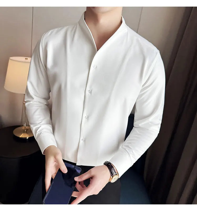 Sexy V-neck Shirt Men's Long Sleeved Casual Shirts Collarless Seamless Business Dress Shirt Social Party Tuxedo Blouse M-4XL