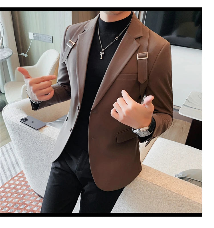 Brand Autumn Winter Strap Decoration Suit Jacket for Men Slim Fit Casual Business Blazers Fashion Wedding Groom Social Coat 2023