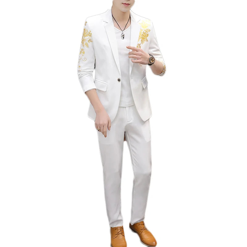 2024 New Men's Yellow Printed Suit Jacket and Trousers Spring Autumn Slim Men 2 Piece White Black Blazer Pants