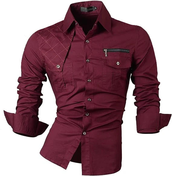 Jeansian Men's Casual Dress Shirts Fashion Desinger Stylish Long Sleeve K015 WineRed