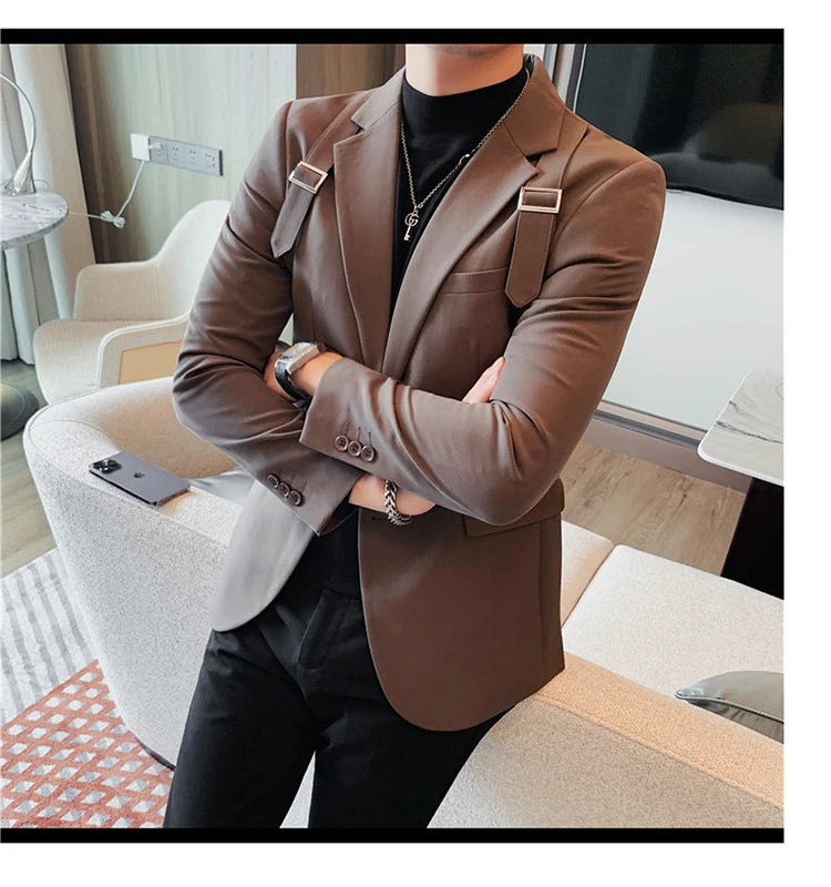 Brand Autumn Winter Strap Decoration Suit Jacket for Men Slim Fit Casual Business Blazers Fashion Wedding Groom Social Coat 2023