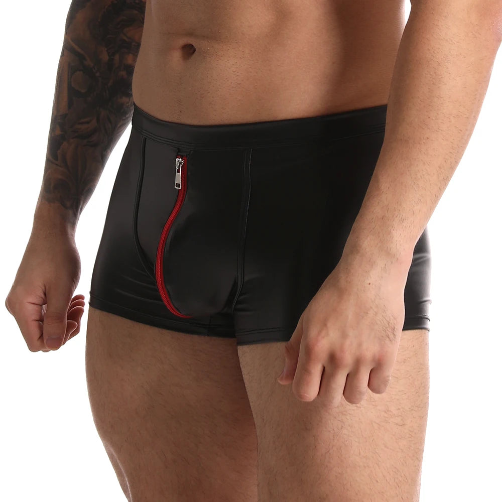 Sexy Men Boxer Shorts and Underpants Bulge Underwear Slip Faux Leather Open Front Gay Panties Zipper Low Waist Male Men's Boxers