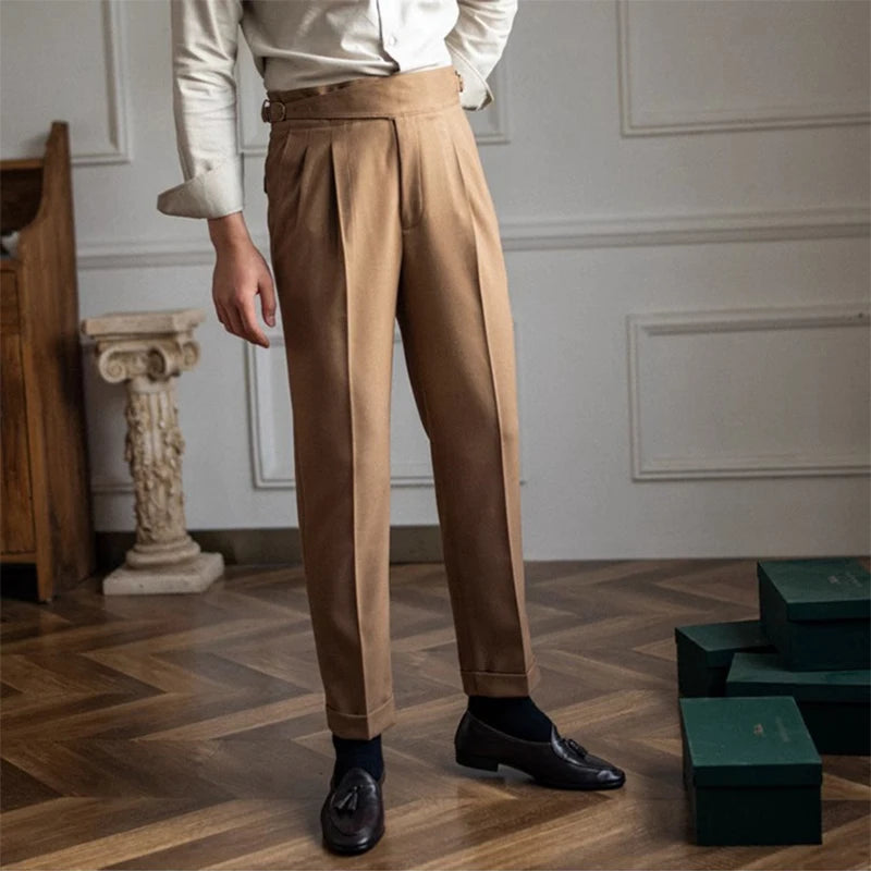 New Casual Solid Color Suit Trousers Men Spring Trendy Belt High Waist Pants Male Business Office Fashion Pleated Straight Pants