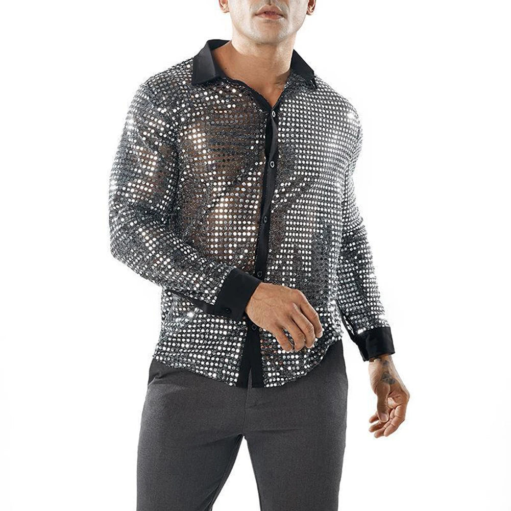 2023 Fashion Mens Sparkly Sequins Party Dance Shirts Retro 70s Disco Nightclub Shirt Tops Single Breasted Performance Clothing