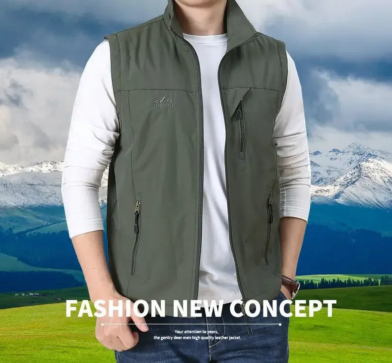 Summer Thin Vest Jacket Men Outdoor Casual Clothes Lightweight Short Sleeve Vests Men Stand Collar Male Trekking Coat Traveling