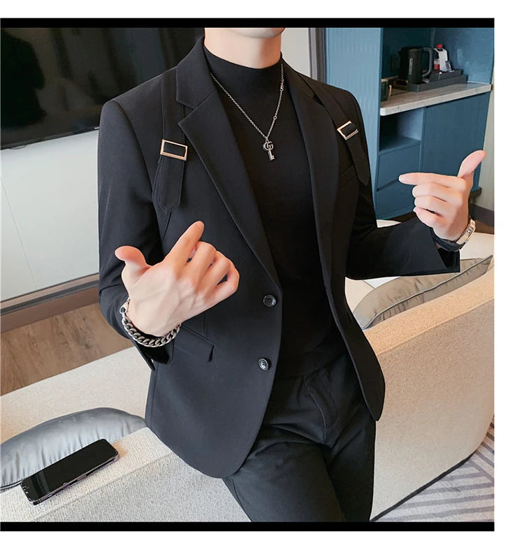 Brand Autumn Winter Strap Decoration Suit Jacket for Men Slim Fit Casual Business Blazers Fashion Wedding Groom Social Coat 2023