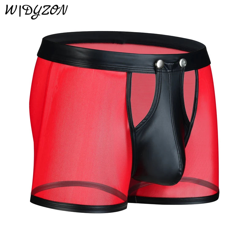 Mens Boxers Panties Man Mesh Imitation Leather Boxershorts Men Button U Pouch Panties Sexy Gay Underwear Men Hombre Shorts