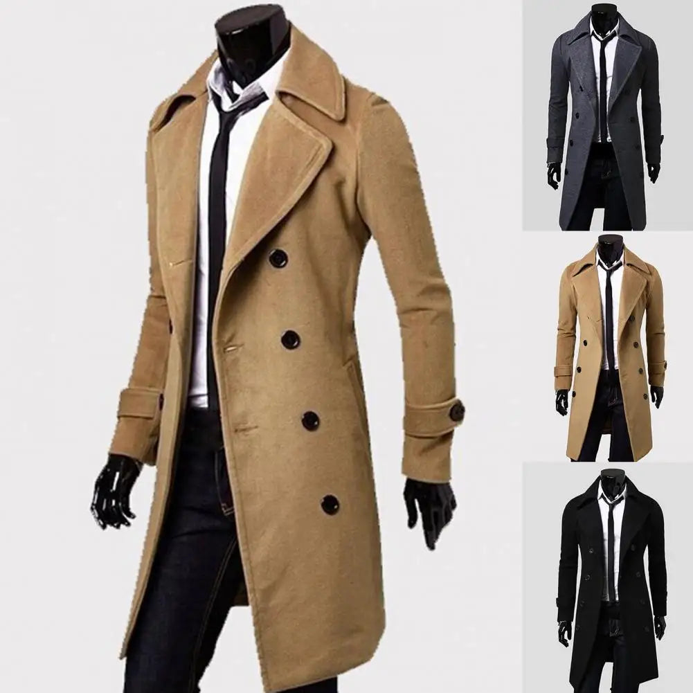 Simple Trench Coat  Double-breasted Male Men Coat  Coldproof Pure Color Jacket