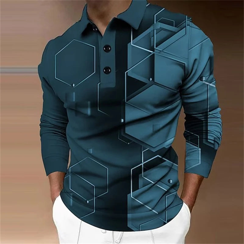 Men's Long Sleeve Polo Shirt Golf Shirt Graphic Prints Geometry Turndown 3D Print Outdoor Street Long Sleeve Comfortable Tops