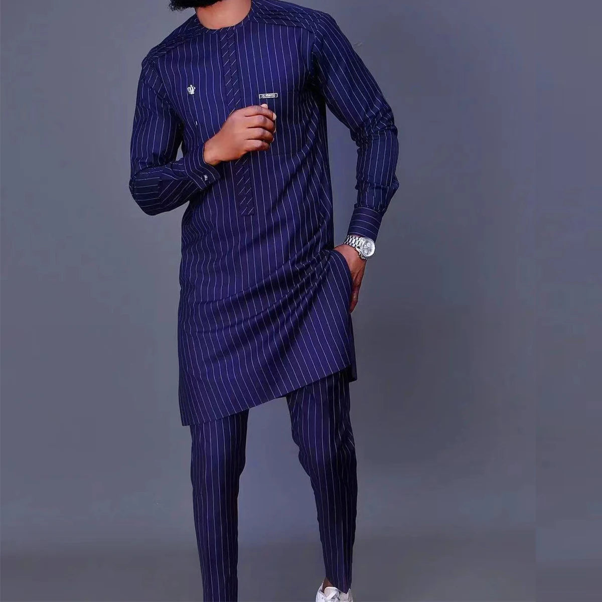 2024New elegant black 2 piece shirt pants suit long sleeve African national style embroidered suit long gown men's clothing