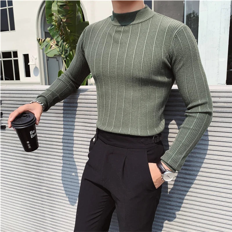 Plus Size 4XL-M Autumn Winter Half Turtleneck Stripe Sweater Men Elastic Knitting Pullover Korean Slim Solid Tight Sweater Tops