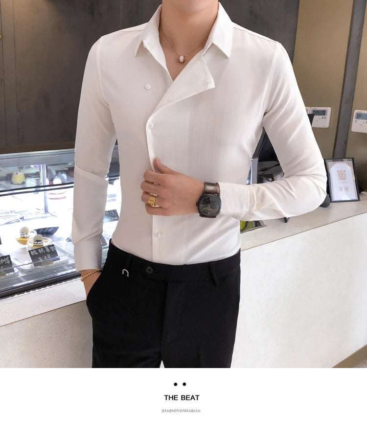 Men British Business Formal Social Long-sleeved Shirts Solid Color Homme Casual Slim Side Front Personality Party Banquet Blouse