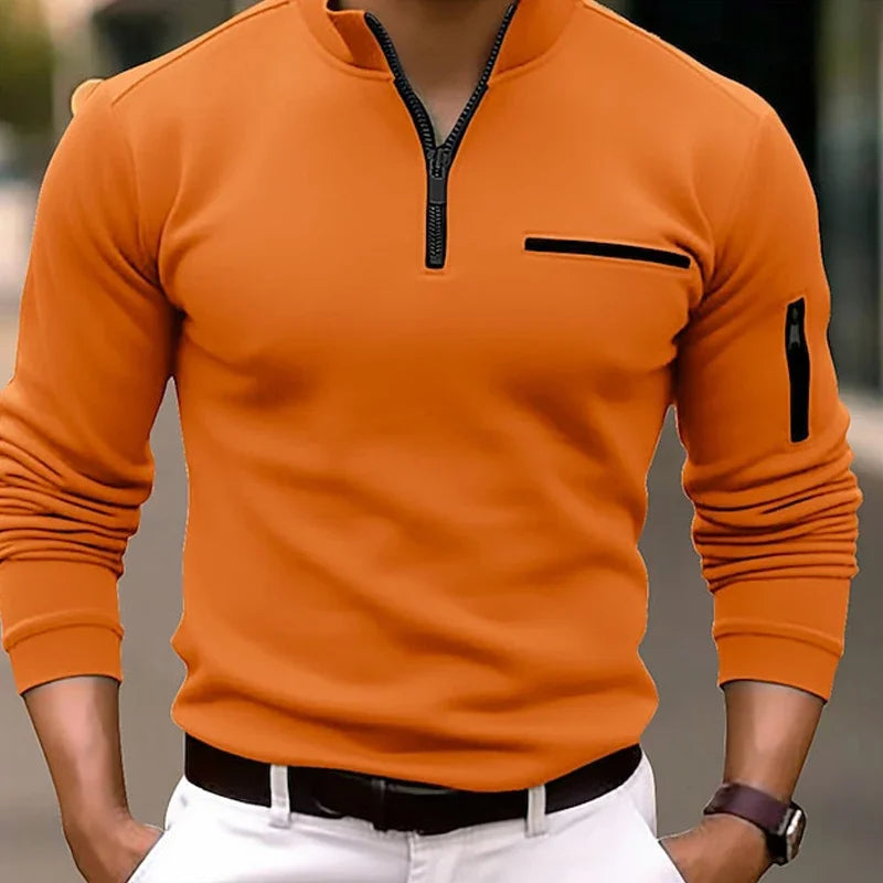 Spring Fashion Zipper Design Polo Shirts 2024 Casual Solid Color O-Neck Tees Pullover Fashion Men Clothing Long Sleeve