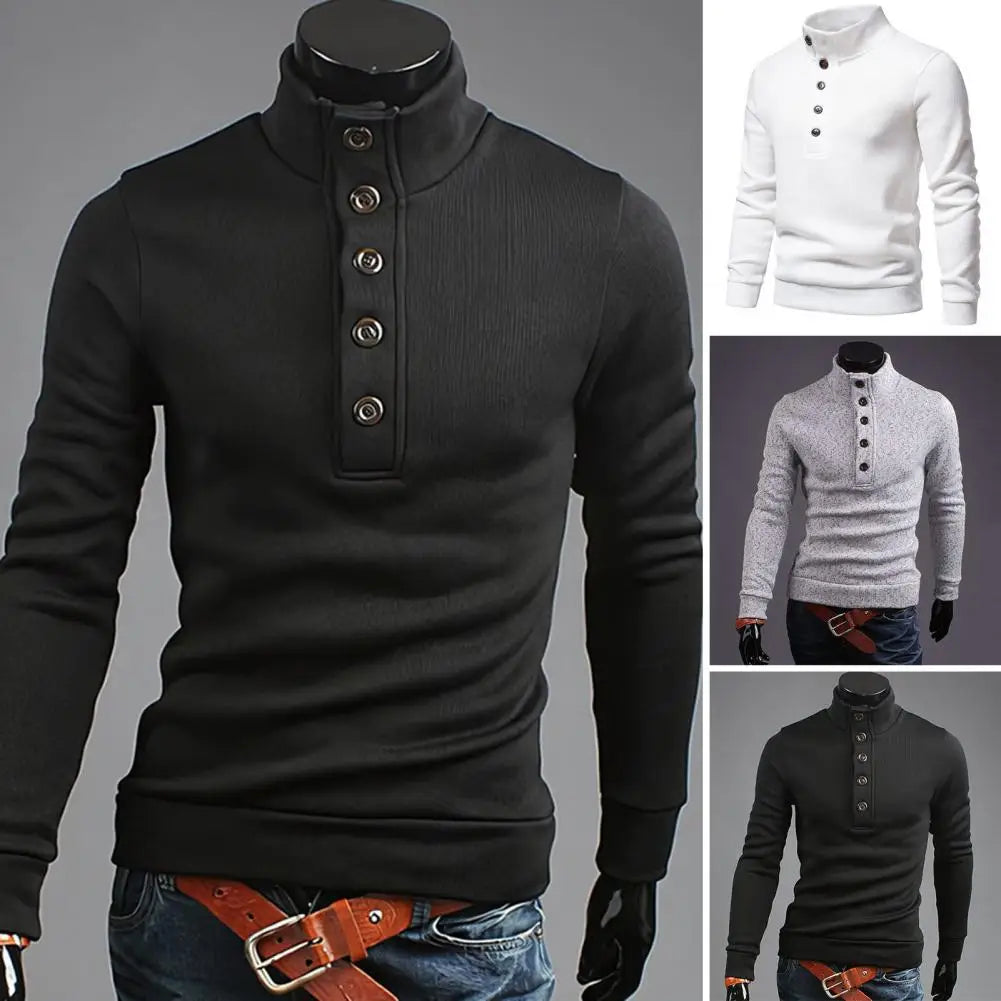 Men Fall Winter Sweater Button High Collar Long Sleeve Slim Fit Thick Warm Elastic Solid Color Mid Length Men Pullover Sweater