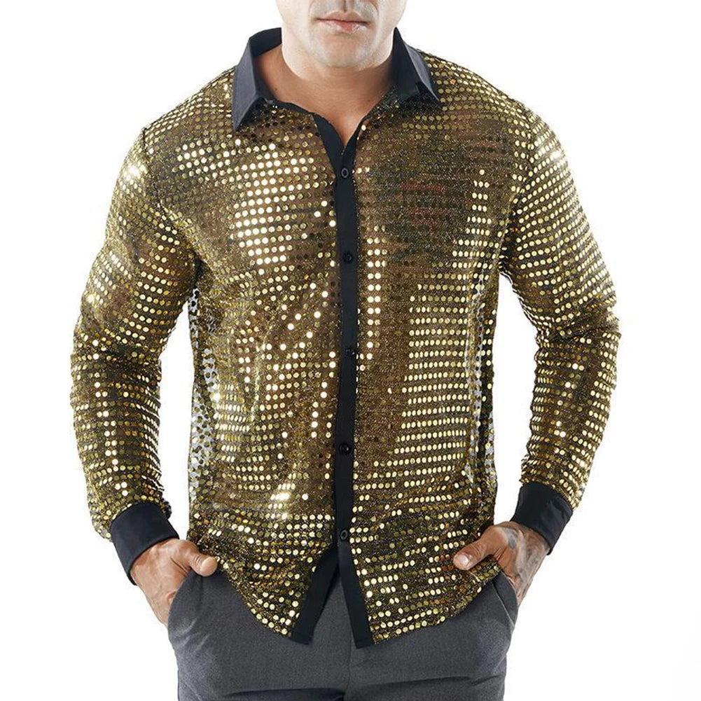 2023 Fashion Mens Sparkly Sequins Party Dance Shirts Retro 70s Disco Nightclub Shirt Tops Single Breasted Performance Clothing