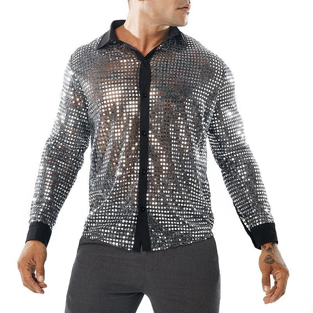 2023 Fashion Mens Sparkly Sequins Party Dance Shirts Retro 70s Disco Nightclub Shirt Tops Single Breasted Performance Clothing