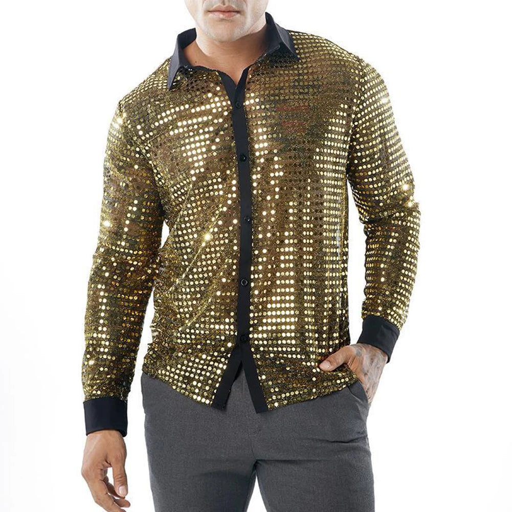 2023 Fashion Mens Sparkly Sequins Party Dance Shirts Retro 70s Disco Nightclub Shirt Tops Single Breasted Performance Clothing