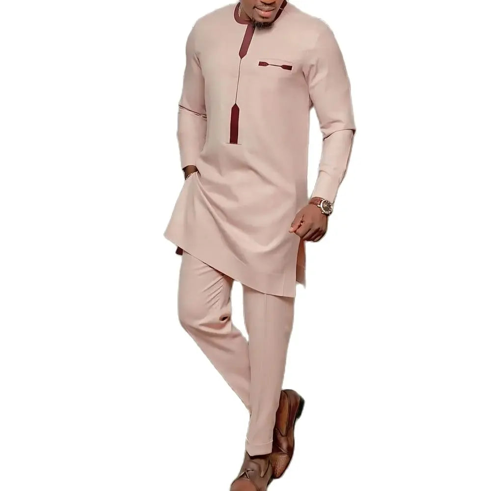 2024 New Men's Elegant Suit Men's Pants Two-piece Set Round Neck Solid Color Stitching Long Sleeve Party Social Ethnic Dress