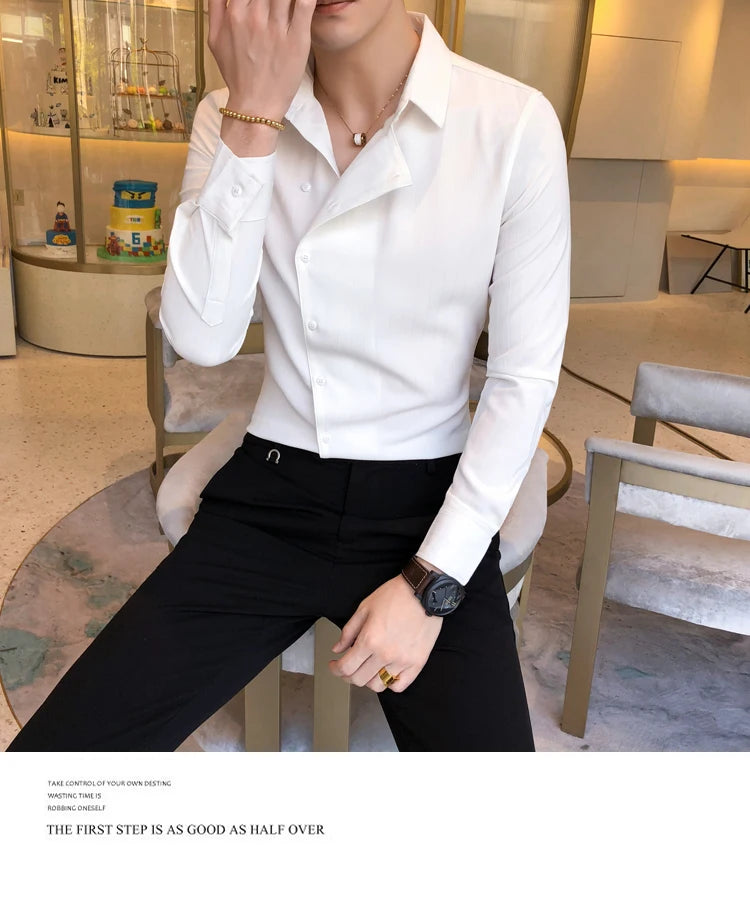 Men British Business Formal Social Long-sleeved Shirts Solid Color Homme Casual Slim Side Front Personality Party Banquet Blouse