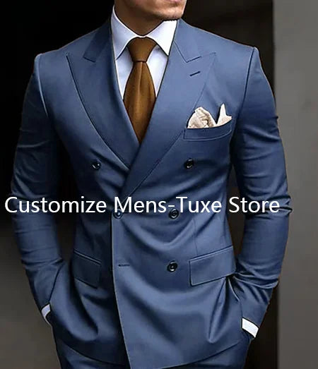 High Quality Brown Men's Suits Double Breasted Bespoke Double Breasted Peaked Lapel Formal Blazer Slim Fit 2 Piece Jacket Pants