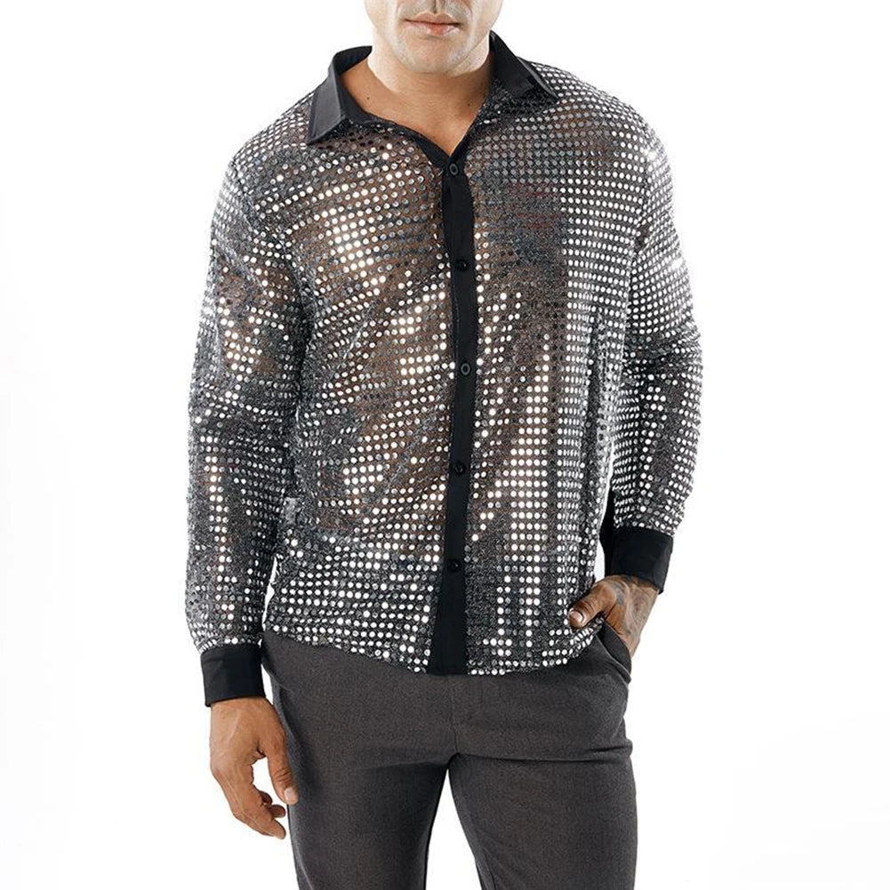 2023 Fashion Mens Sparkly Sequins Party Dance Shirts Retro 70s Disco Nightclub Shirt Tops Single Breasted Performance Clothing