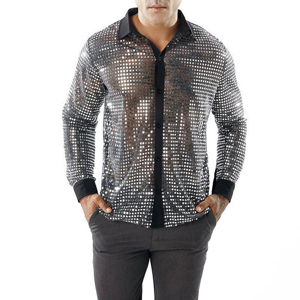 2023 Fashion Mens Sparkly Sequins Party Dance Shirts Retro 70s Disco Nightclub Shirt Tops Single Breasted Performance Clothing