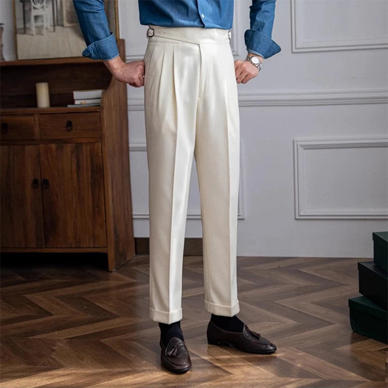 New Casual Solid Color Suit Trousers Men Spring Trendy Belt High Waist Pants Male Business Office Fashion Pleated Straight Pants