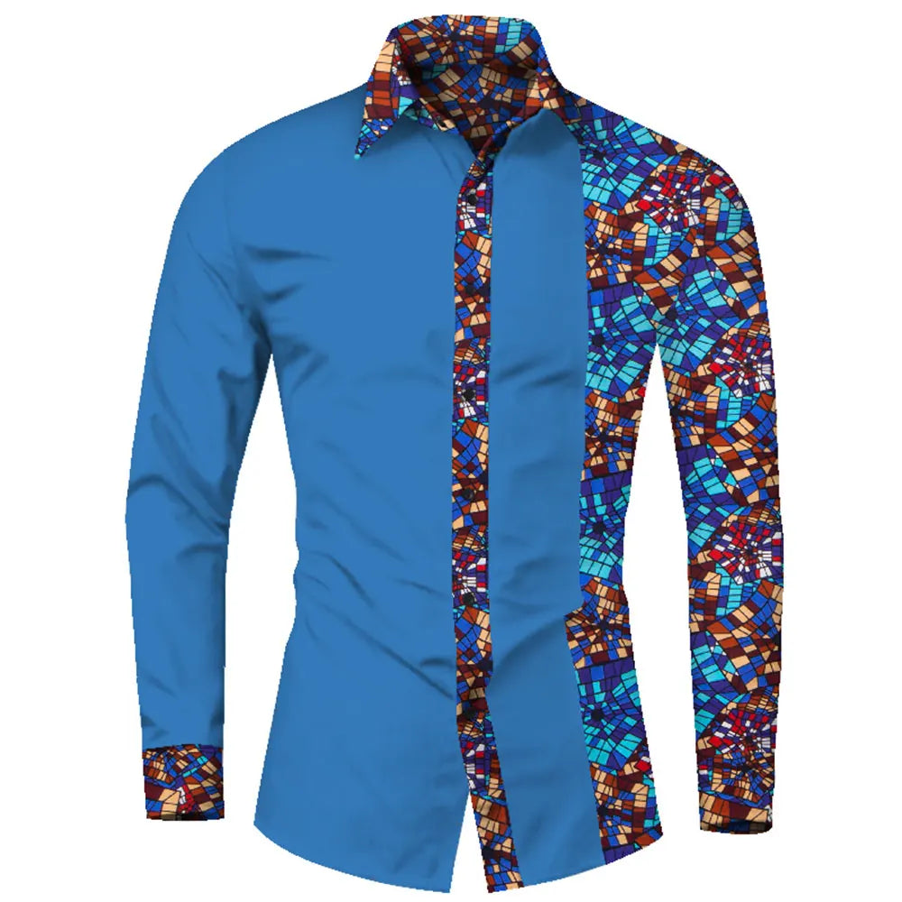 African Clothes Smart causal Men Top Shirts Bazin Riche Cotton Print Patchwork Formal Shirts Traditional African WYN581