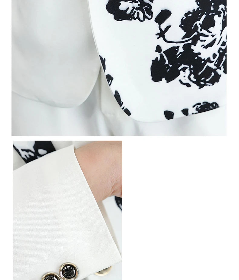 2024 New Men's Yellow Printed Suit Jacket and Trousers Spring Autumn Slim Men 2 Piece White Black Blazer Pants