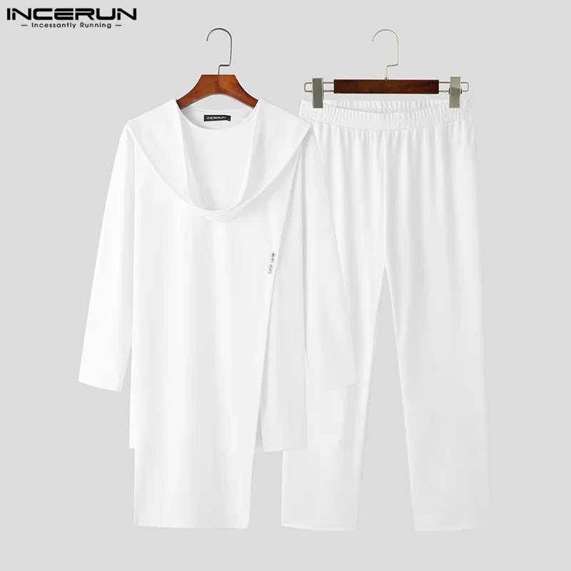 Fashion Casual Style Sets INCERUN Men Long-sleeved T-shirts Trousers Suit Male Fake Two-piece Tops Knitted Two-piece Sets S-5XL