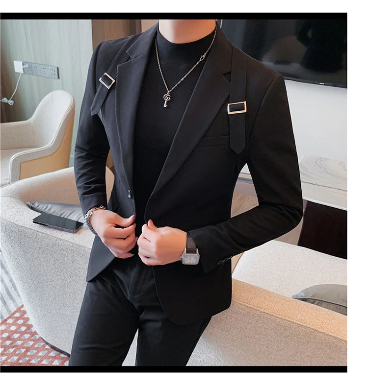 Brand Autumn Winter Strap Decoration Suit Jacket for Men Slim Fit Casual Business Blazers Fashion Wedding Groom Social Coat 2023