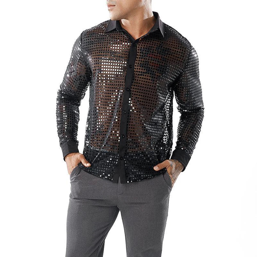 2023 Fashion Mens Sparkly Sequins Party Dance Shirts Retro 70s Disco Nightclub Shirt Tops Single Breasted Performance Clothing