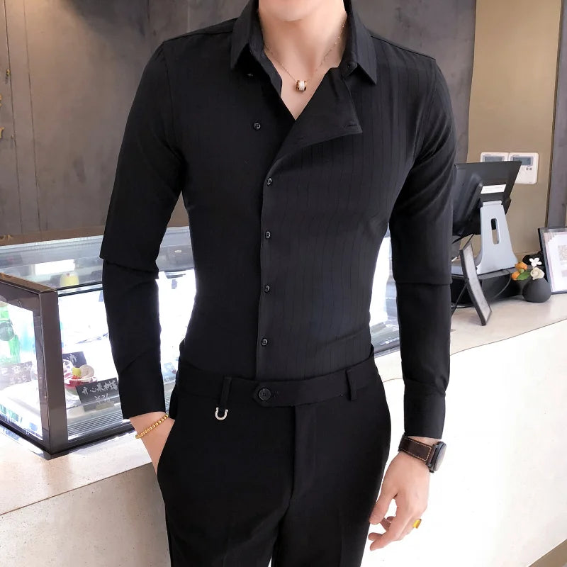 Men British Business Formal Social Long-sleeved Shirts Solid Color Homme Casual Slim Side Front Personality Party Banquet Blouse