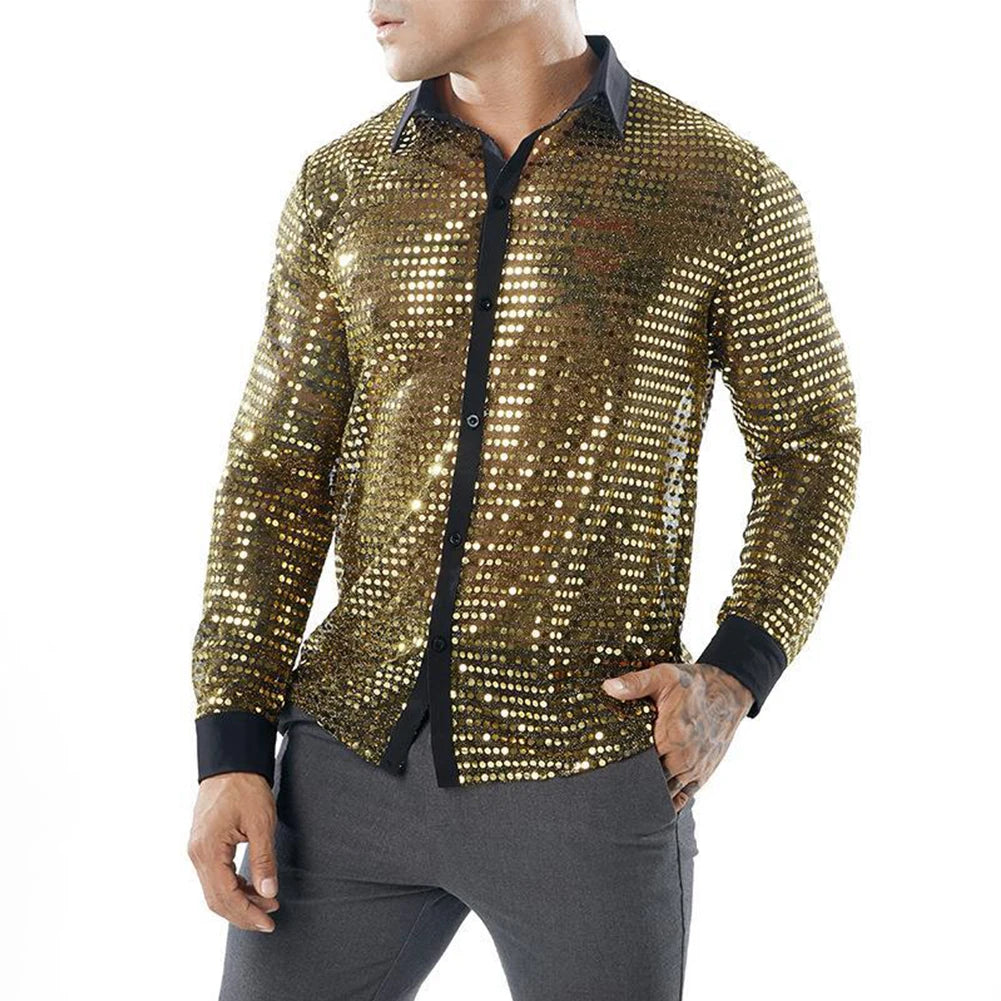 2023 Fashion Mens Sparkly Sequins Party Dance Shirts Retro 70s Disco Nightclub Shirt Tops Single Breasted Performance Clothing