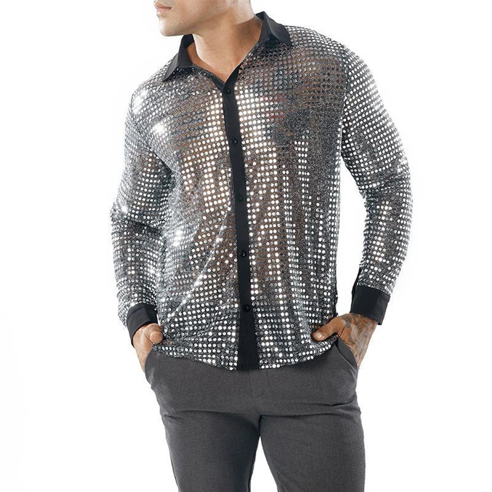 2023 Fashion Mens Sparkly Sequins Party Dance Shirts Retro 70s Disco Nightclub Shirt Tops Single Breasted Performance Clothing