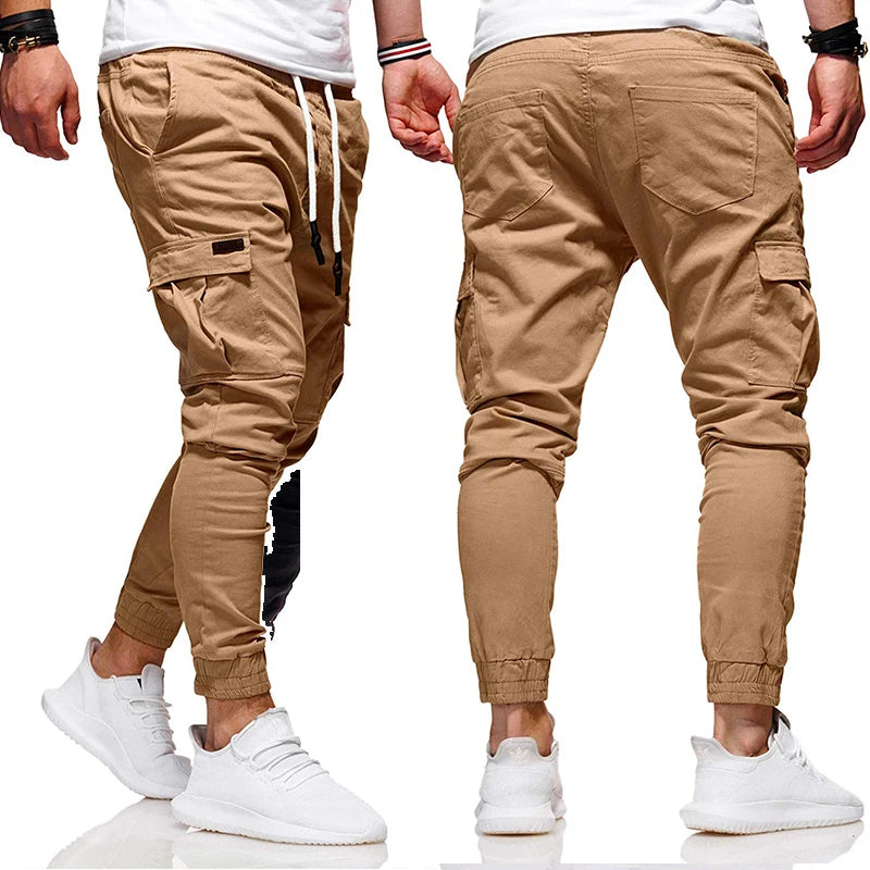 Men's Jogging Pants Denim Flip Pocket Side Drawstring Waist Overalls Leisure Elastic Sports Pants Training Tactical Pants