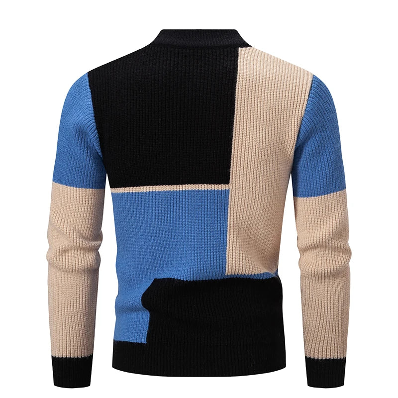 Autumn Winter Fashion Y2K Mock Neck Sweater Men Patchwork Casual Knit Pullovers Warm Male High Quality Knitwear Slim Kitted Tops