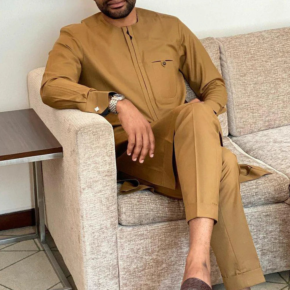 Kaftan Men's Suit Solid Pocket Top Shirt Trousers African Ethnic Casual Style 2 Piece Set Outfits Traditional Wear Male Clothing