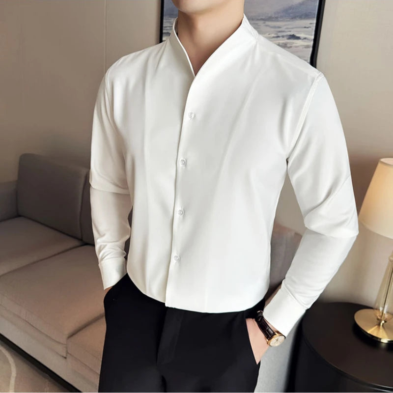 Sexy V-neck Shirt Men's Long Sleeved Casual Shirts Collarless Seamless Business Dress Shirt Social Party Tuxedo Blouse M-4XL